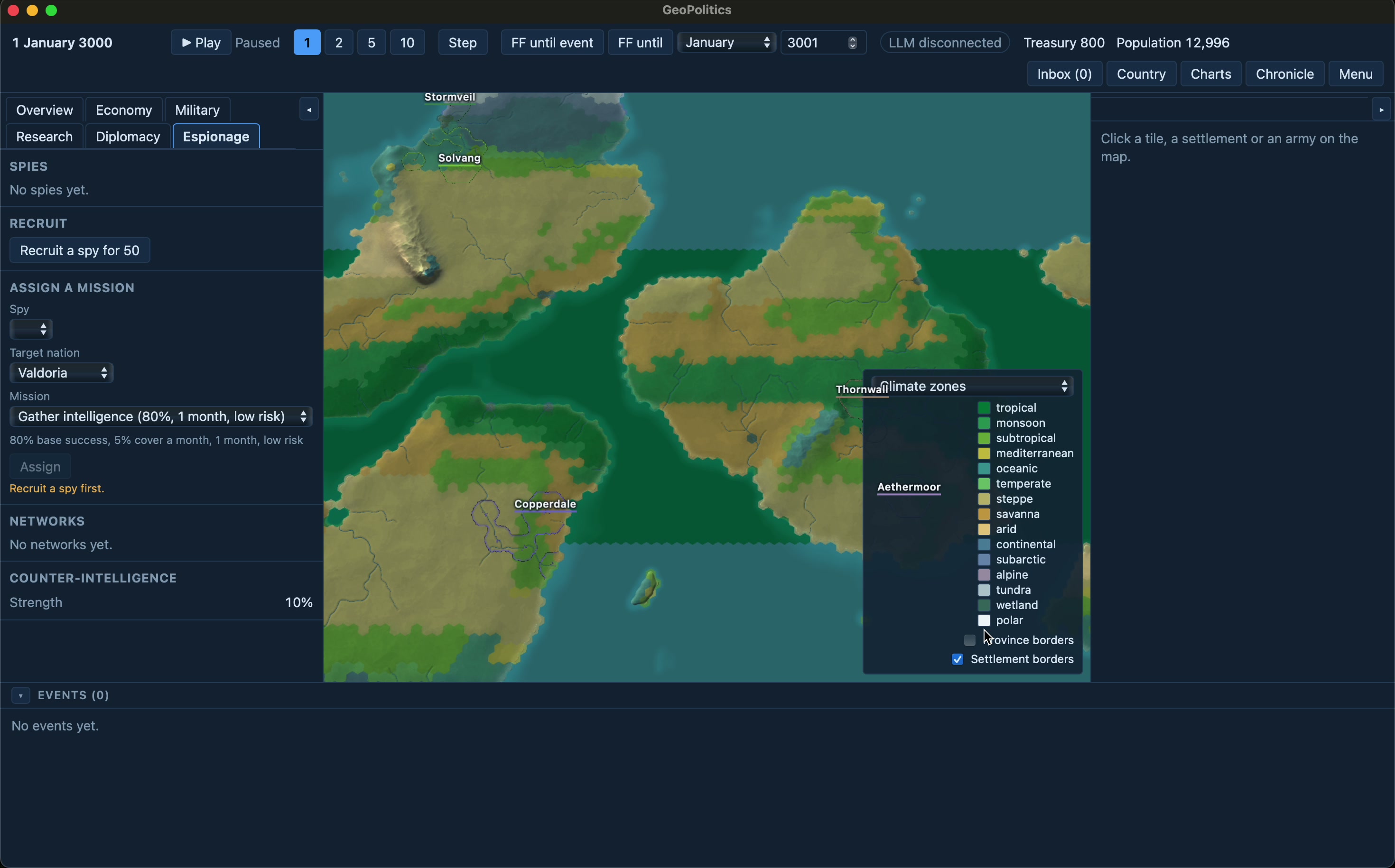 Early gameplay exploring climate and environmental map layers